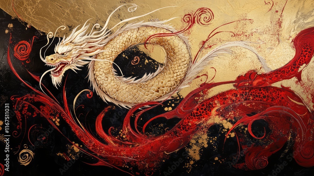 Poster abstract golden dragon with swirling red patterns, creating a dramatic and powerful year of the drag