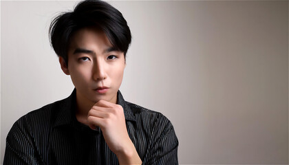 目を伏せながら軽く唇を噛み、物思いにふける若い男性の顔をアップで捉えた写真。手で頬杖をつき、瞳がどこか遠くを見つめる。背景はぼんやりとしたニュートラルカラー