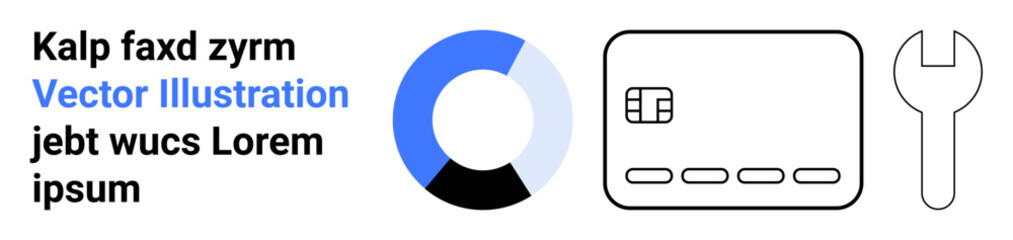 Pie chart in blue shades, credit card outline, and wrench icon against text sample. Ideal for finance, analytics, tech support, business solutions, data management, financial services infographics