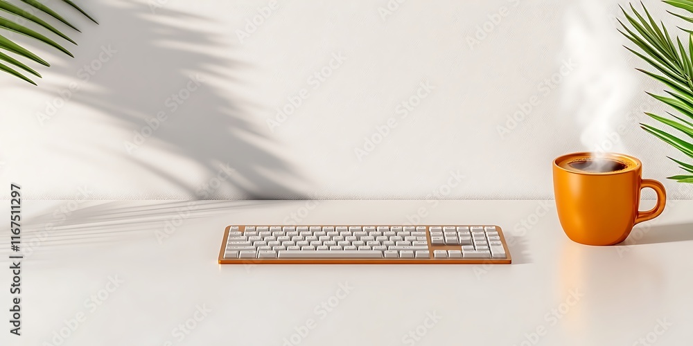 Poster hybrid work models, clean hyperrealistic desk setup with coffee and keyboard