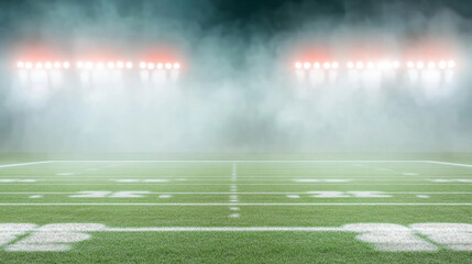 American football field with bright stadium lights and fog, ideal for sports background