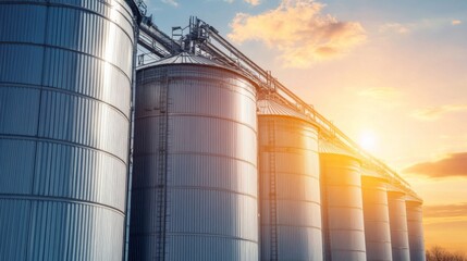 Obraz premium Bright Silos Against a Pastoral Sunset Background
