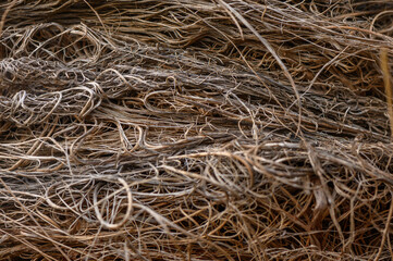 Natural fibers intertwine to create a textured tapestry in a sunlit workspace during the afternoon hours