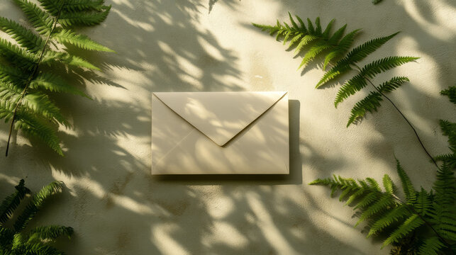 A beige envelope rests on a textured surface, surrounded by lush green ferns casting dappled shadows. The scene evokes a feeling of tranquility and anticipation.