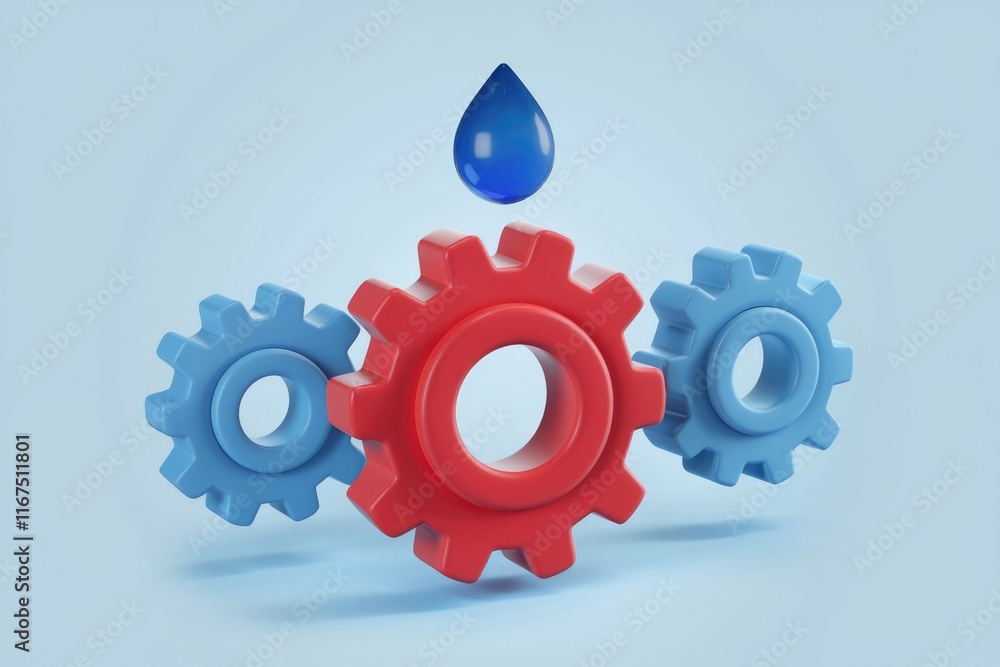 Poster interlocking gears with a central blue droplet, symbolizing efficient, lubricated teamwork.