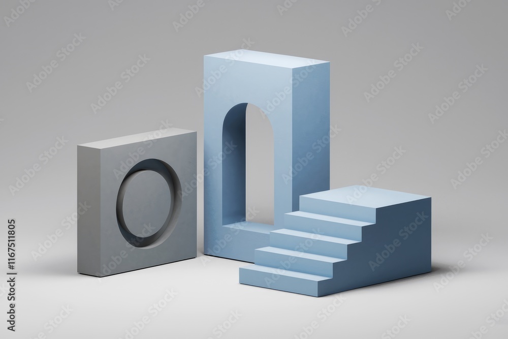 Poster Abstract 3D rendering of minimalist geometric shapes: a cube with a circular cutout, a tall rectangular frame with an arch, and a small staircase.
