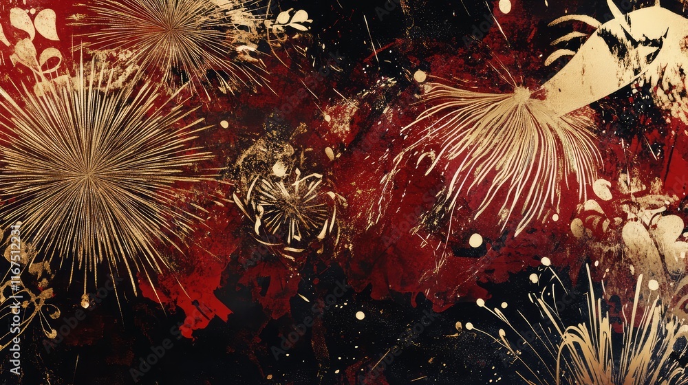 Aufkleber abstract golden fireworks with intricate trails, blending into a red and black background filled wit