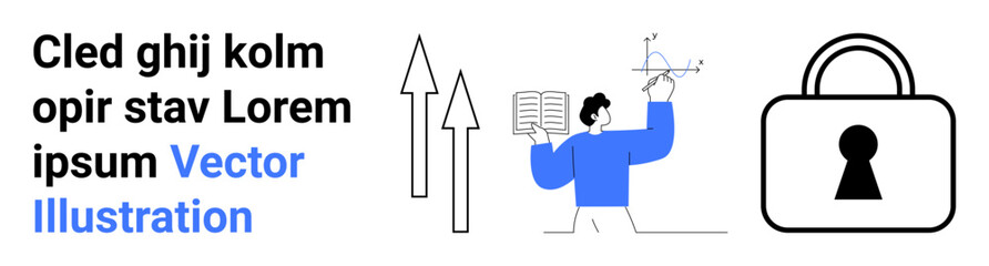 Person analyzing data, mathematical charts, upward arrows, and large padlock symbolizing security. Ideal for data analysis, cybersecurity, growth, education, information security statistics