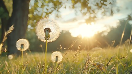 Floating dandelion seeds captured midair with soft bokeh illustrating fleeting connections copy space, fleeting theme, whimsical, double exposure, grassy meadow backdrop