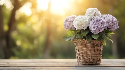 An intricate bouquet of purple and white hydrangeas in a rustic basket representing balance selective focus, rustic theme, ethereal, double exposure, farmhouse porch backdrop
