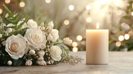 Fototapeta premium A wreath of blooming white roses and ferns framing a glowing candle symbolizing connection and light selective focus, serene theme, futuristic, overlay, cathedral backdrop