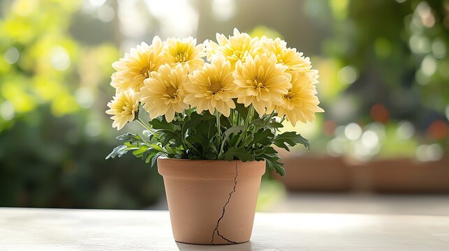 An artistic composition of yellow chrysanthemums in a cracked terracotta pot symbolizing connection through imperfections selective focus