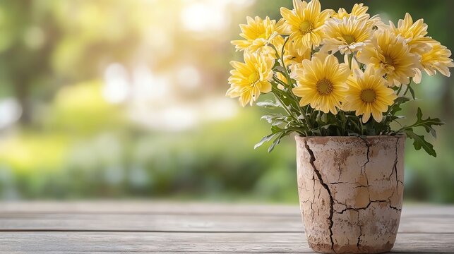 An artistic composition of yellow chrysanthemums in a cracked terracotta pot symbolizing connection through imperfections selective focus