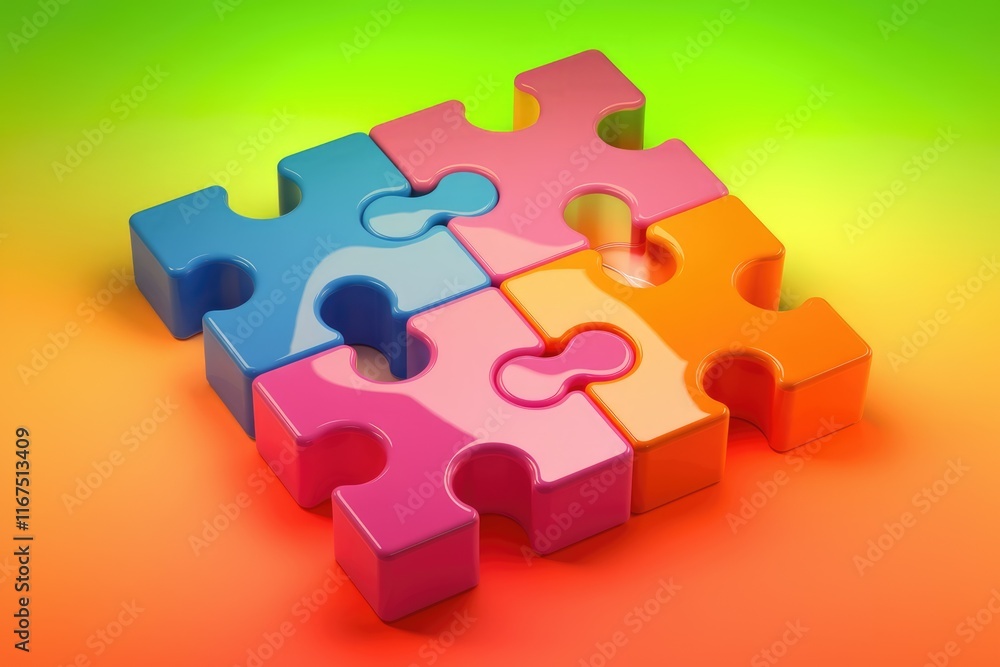 Poster four colorful puzzle pieces interlock, symbolizing teamwork, connection, and problem-solving.