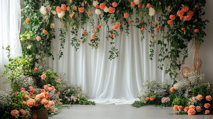 Elegant photography background featuring a white wall adorned with delicate floral accents symbolizing new beginnings love and tranquility ideal for maternity or wedding photoshoots emphasizing beauty