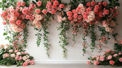 Elegant photography background featuring a white wall adorned with delicate floral accents symbolizing new beginnings love and tranquility ideal for maternity or wedding photoshoots emphasizing beauty