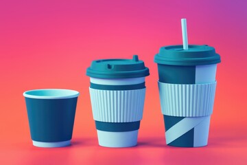 Three teal and light blue disposable coffee cups of varying sizes, one with a straw, on a pink background.