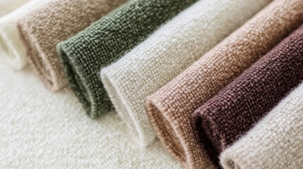 Boucle Fabric samples in various neutral colors close up arranged, texture detail, interior design palette background