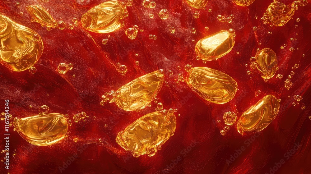 Poster abstract golden ingots with flowing curves and glowing highlights on a deep red textured background.