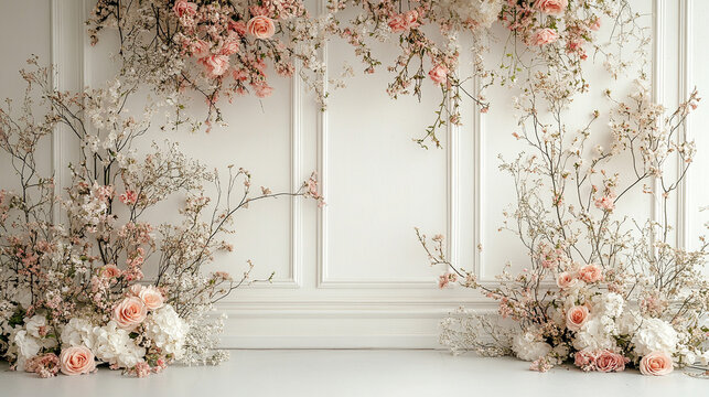 Elegant photography background featuring a white wall adorned with delicate floral accents symbolizing new beginnings love and tranquility ideal for maternity or wedding photoshoots emphasizing beauty