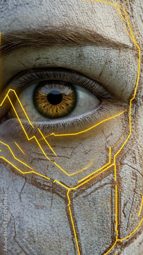 Poster close-up of a weathered sculpture with intricate golden lines representing modern design elements