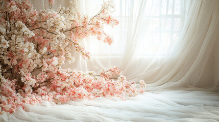 Elegant photography background featuring a white wall adorned with delicate floral accents symbolizing new beginnings love and tranquility ideal for maternity or wedding photoshoots emphasizing beauty