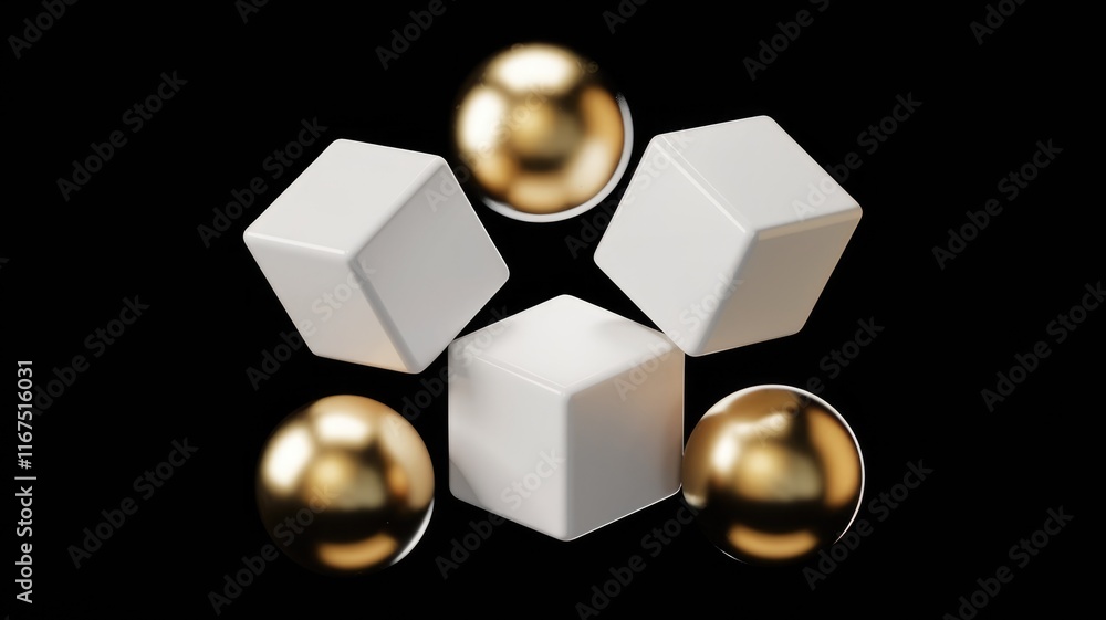 Aufkleber three white cubes are arranged around a central cube, with golden spheres surrounding the structure 