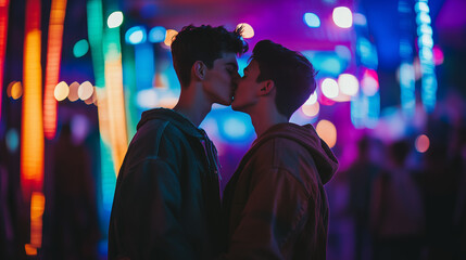 Handsome Male Gay Couple Kissing in night club, Enjoying their Love and Moment of Intimacy with Neon Lights