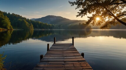 Fototapeta premium Serene sunrise over calm lake with wooden dock.