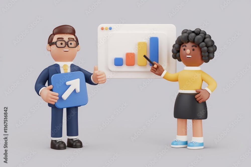 Aufkleber two 3d cartoon characters present a business graph showing upward growth and progress.