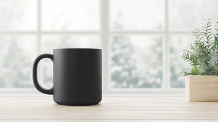 Obraz premium A matte black mug sits on a light wood surface near a window with a blurred-out winter scene. Simple, clean aesthetic.