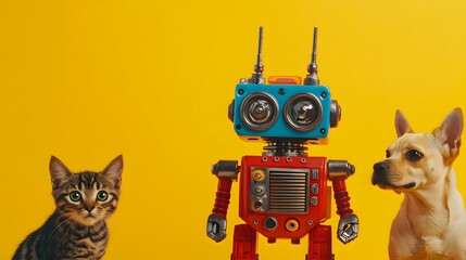 Retro Robot Posing with a Kitten and Dog