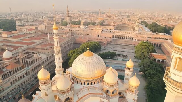 Majestic aerial view of golden domes and minarets in a vast cityscape under soft morning light