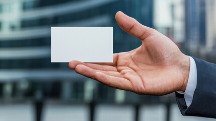 Businessman hand extending business card urban setting professional image clear focus networking concept