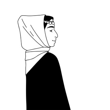 Caucasian woman in traditional folk dress with food in her hands, minimalistic illustration. Vector illustration