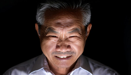 顔をクローズアップで捉えた中年の男性が、眉間にしわを寄せて怒りを爆発させている表情。歯を食いしばり、目には鋭い光が宿る。背景は黒で表情の迫力を強調する