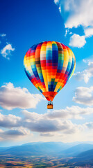 Fototapeta premium The Majestic Voyage: A Colorful Hot Air Balloon Soaring Across a Vivid Blue Sky