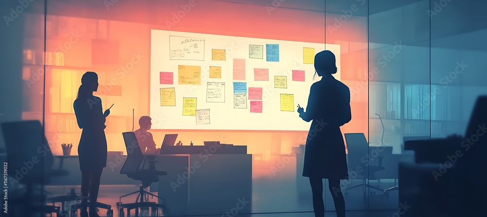 Poster a dynamic image of a business team brainstorming around a digital whiteboard with sticky notes and m