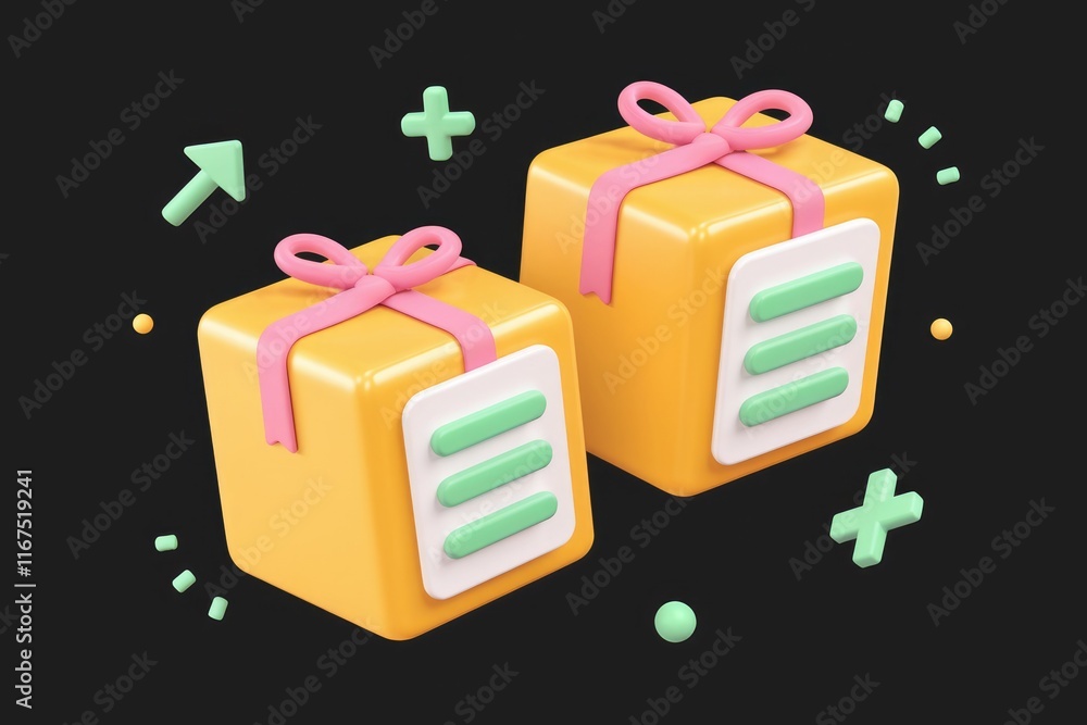 Poster two gift boxes with menu icons, 3d rendering, symbolizing app features or bonuses.