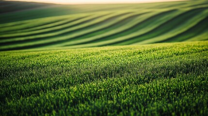 Lush Green Farmland at Sunrise with Gentle Hills