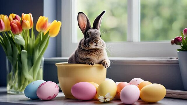 Delicate Watercolor Painting Pot Filled Easter Eggs Cute Bunny Perfect Artistic Holiday Themed Videos