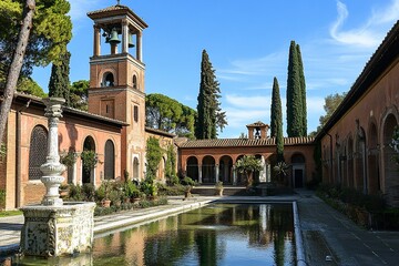 The church, the bell tower, and the liturgical fountain "the Paradise" in the Exarchic Monastery of Saint Mary in Grottaferrata, Greek Abbey of Saint Nilus, the with generative ai