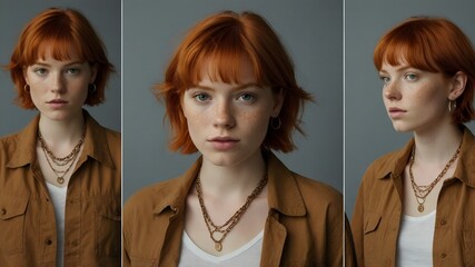 collage of a young woman model with vibrant red hair