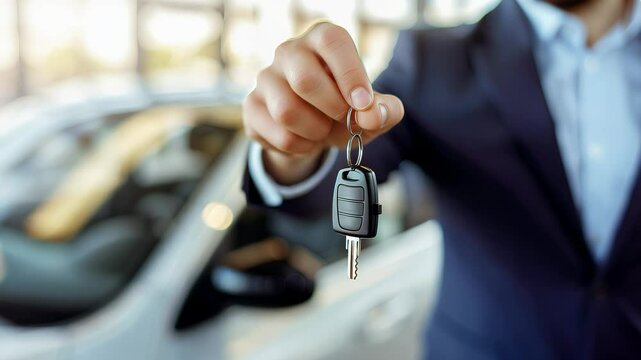 salesman handing over your new car keys, dealership and sales concept, new car in background, advertise for rent or sales