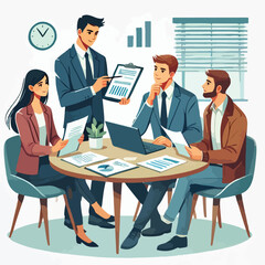 Partners meeting for business discussion with documents and laptop on desk. Couple at round table, speaking, discussing work, partnership. Flat vector illustration isolated on white background