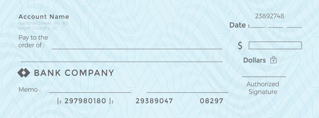 Bank check, vector blank money cheque, checkbook template with guilloche pattern and fields document with spaces for the payee, date, dollar amount, memo, and signature