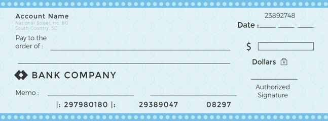 Bank check, vector blank money cheque, checkbook template with guilloche pattern and fields