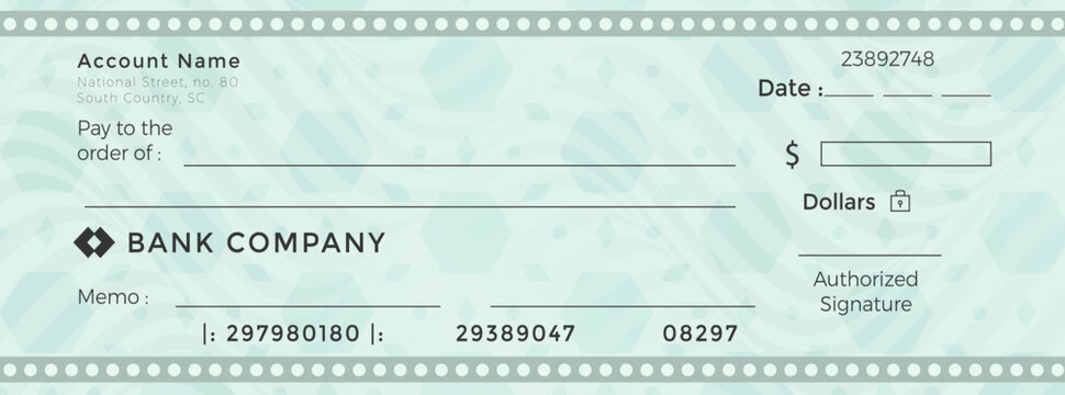 Flat design Bank check check book template with pattern and blank fields