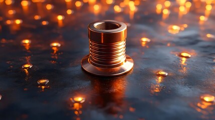 A small, shiny object sits on a dark surface