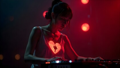 A Korean woman DJ moves fluidly to her music, her broken heart mended by threads that pulse softly with a dark, otherworldly glow